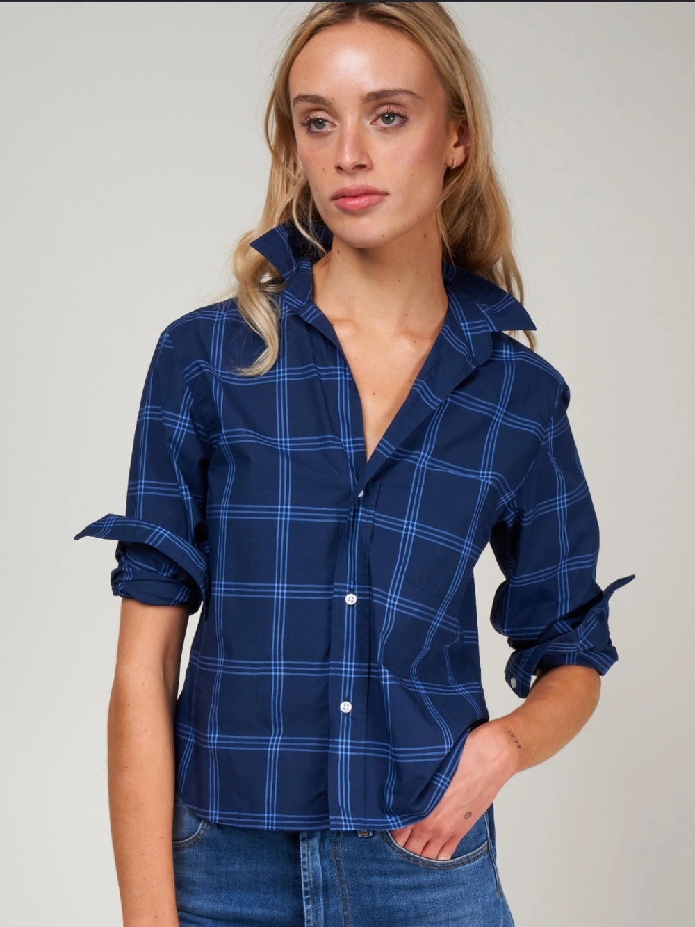 NWOT Frank & Eileen Silvio Woven Button Up Navy Blue Windowpane Shirt Sz M